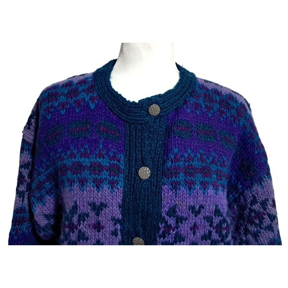 Stunning Vintage Himalayan Wool Cardigan Handknit Fair Isle Nepal Blue Gradient - Picture 3 of 11